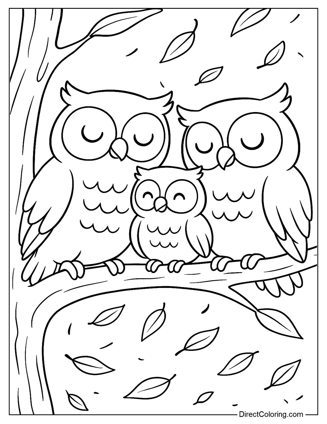 coloring page A family of owls perched on a large tree branch, with an owl nest with eggs and fallen leaves